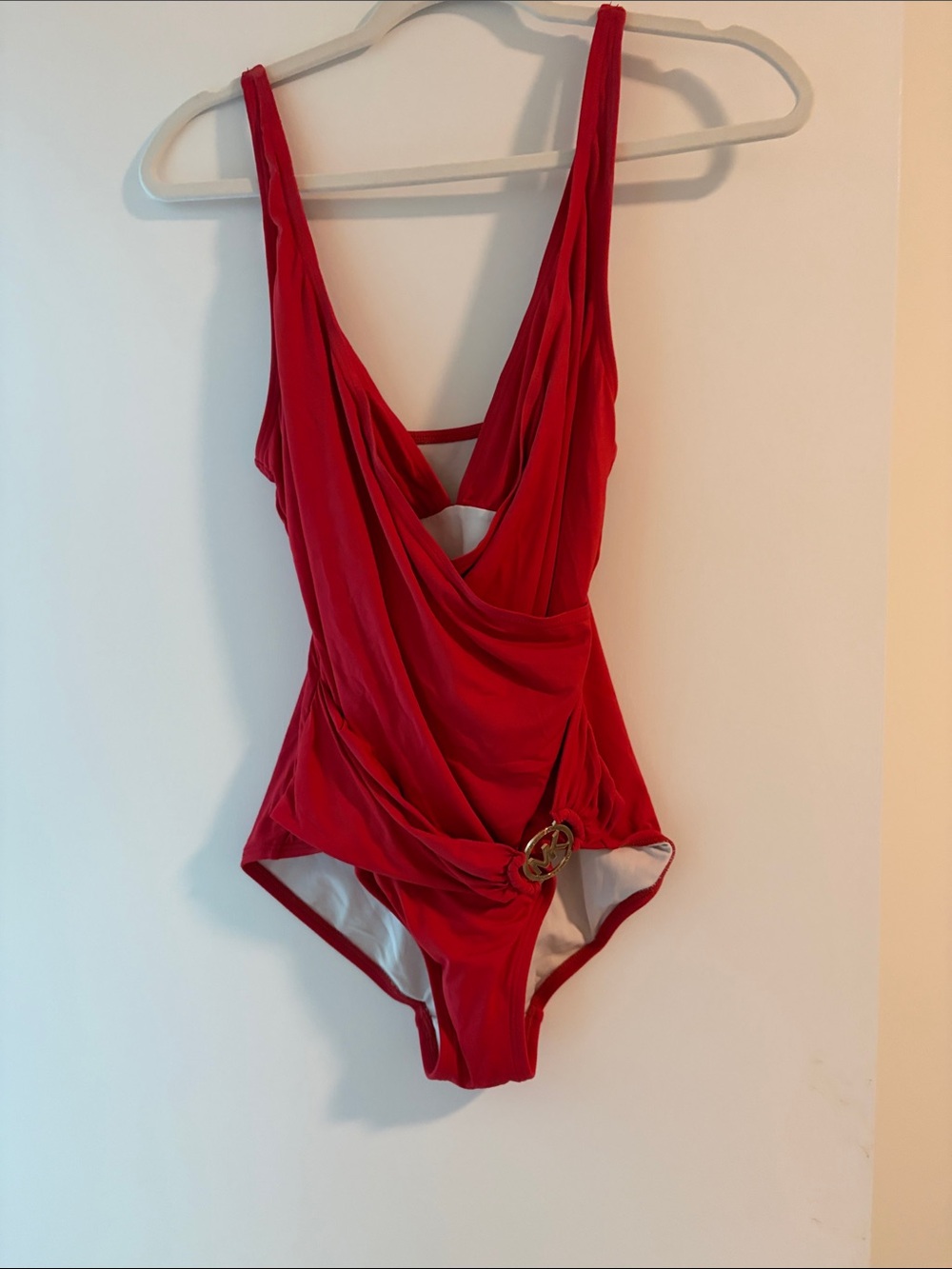 Michael Kors Red Draped One-Piece Swimsuit with Gold Accent